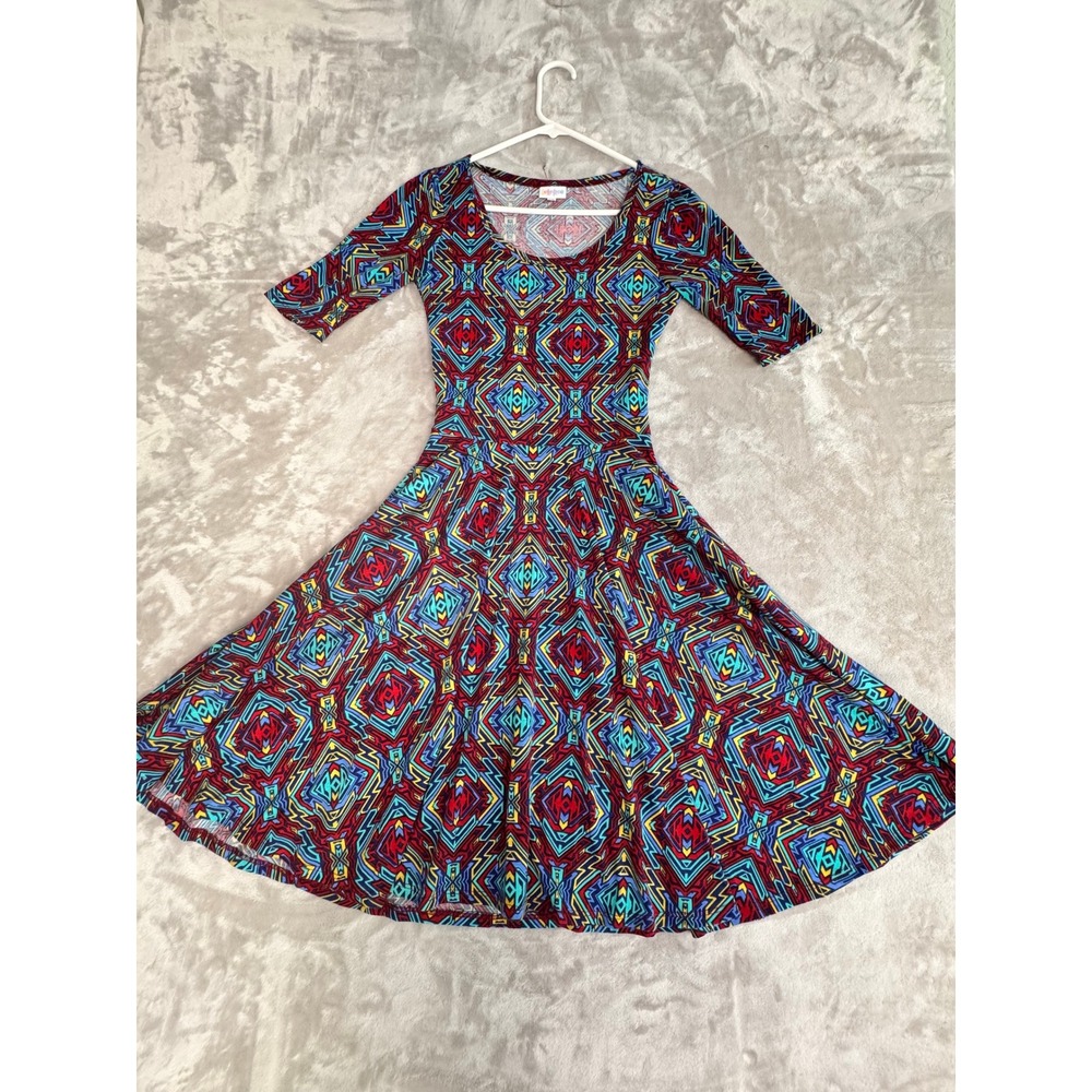LuLaRoe XS Dress Fit‎ and Flare Geometric Print Red Blue Yellow